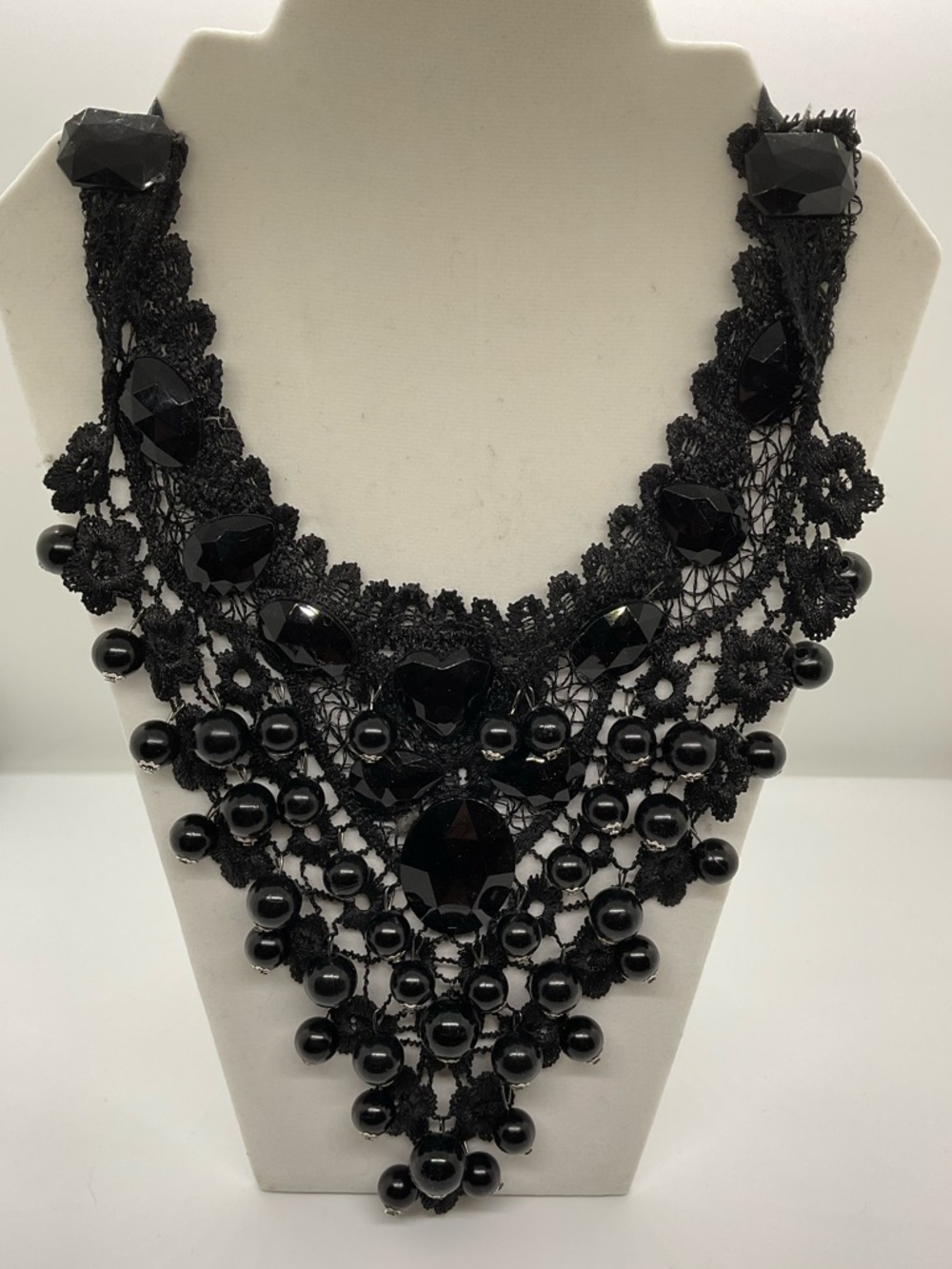 Goth Vintage LACE &  BLACK Beads statement necklace with adjustable tie neck